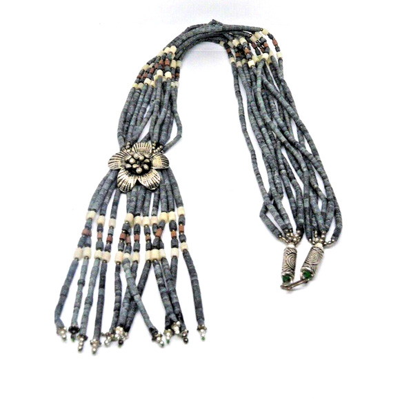 Multi 15 Strand Heishi Bead Necklace, Silver Floral Lariat, Ends & Clasp 24" VTG - Picture 2 of 4